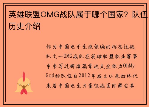 英雄联盟OMG战队属于哪个国家？队伍历史介绍