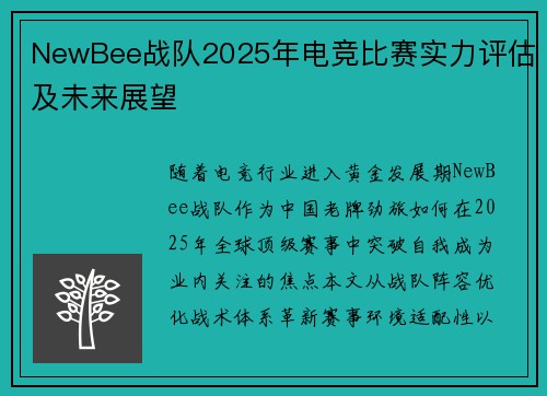 NewBee战队2025年电竞比赛实力评估及未来展望
